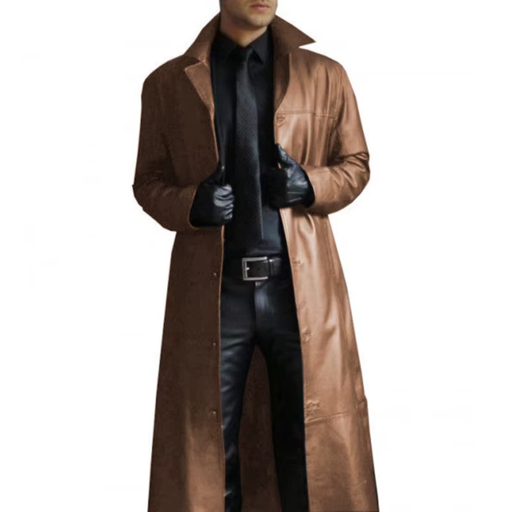 Mauro Leren Lange Trenchcoat - Bruin