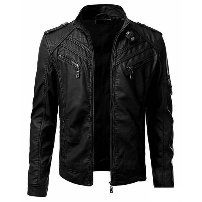 Dino Leren Bikerjack met Stiknaad Details - Zwart