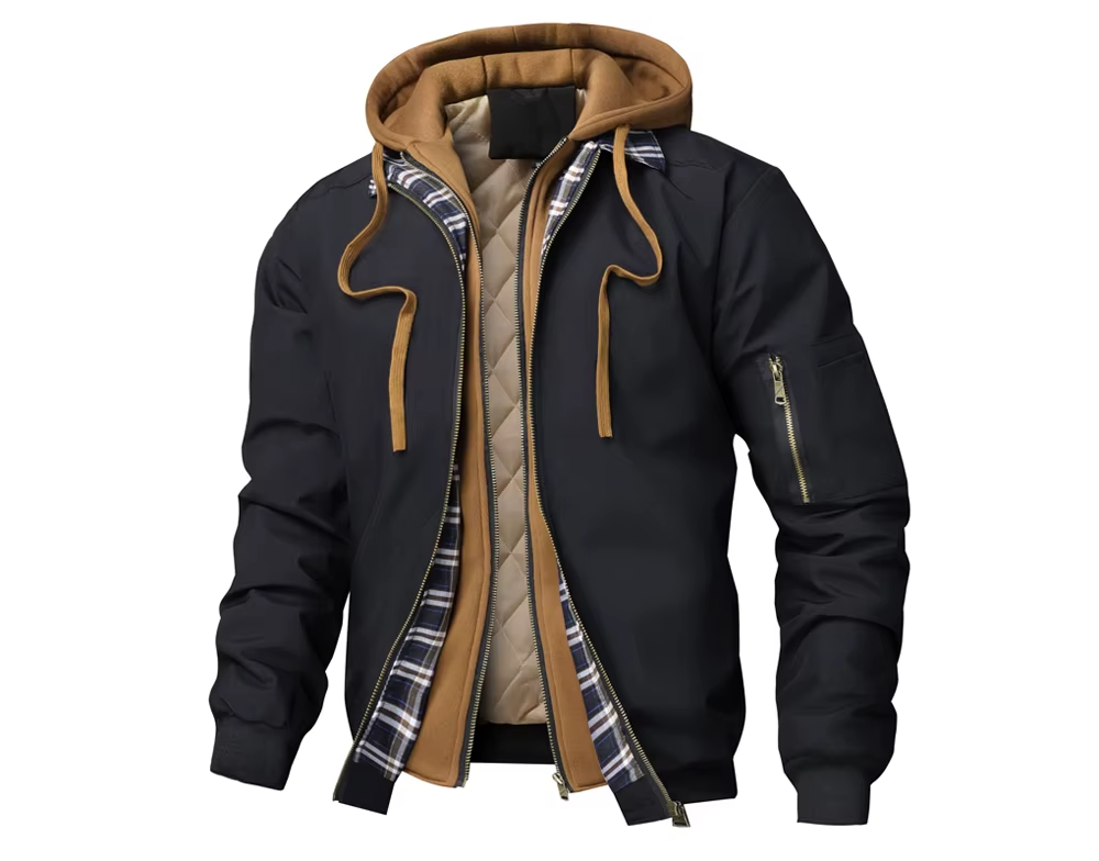 Federico Katoenen Bomberjack met Fleece Capuchon - Zwart