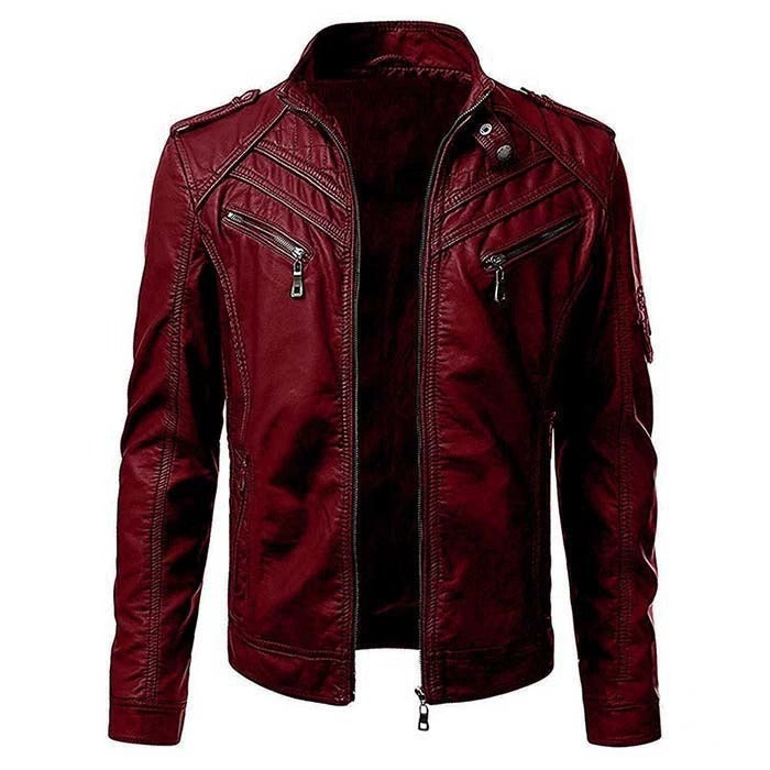 Dino Leren Bikerjack met Stiknaad Details - Rood