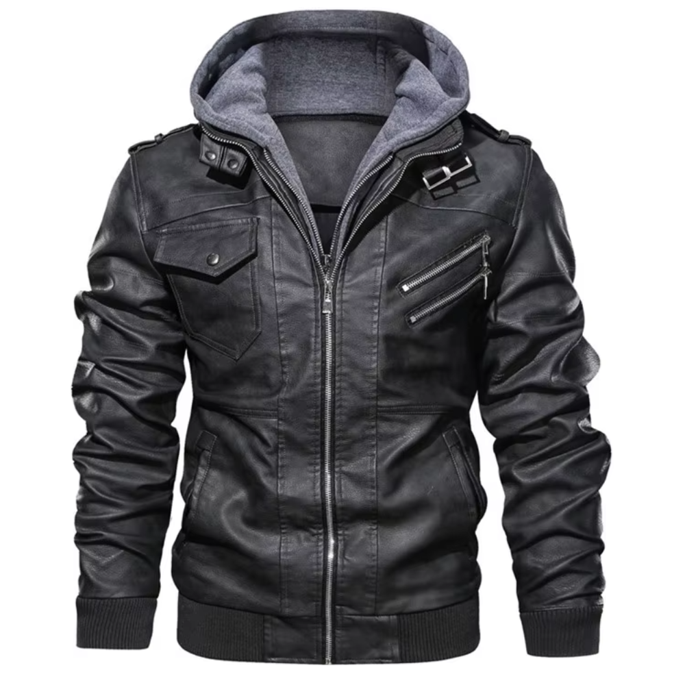 Ivano Leren Bikerjack met Capuchon - Zwart
