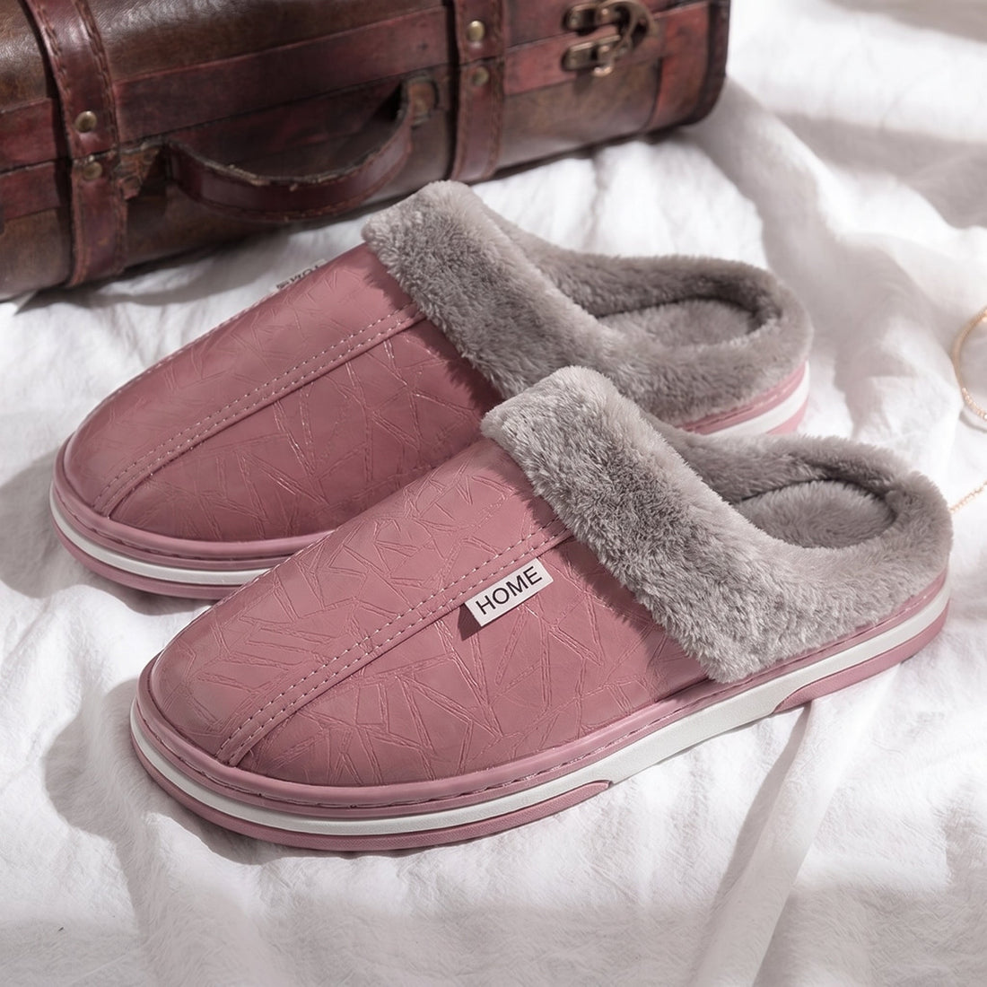 Lino Gevoerde Pantoffels met Pluche Rand