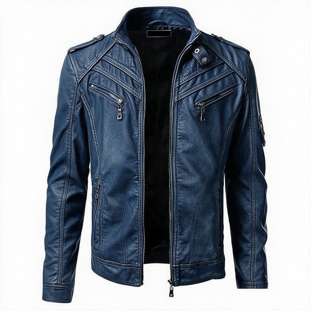 Dino Leren Bikerjack met Stiknaad Details - Marineblauw